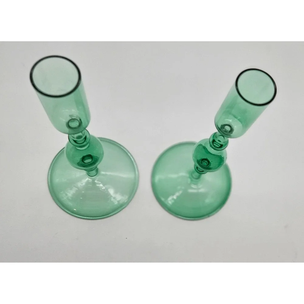 Vintage Style Green Glass Taper Candle Holders Set of 2 Turned Stem 7.5 Inch